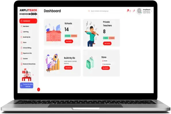 The AmpliTeach dashboard open on a laptop